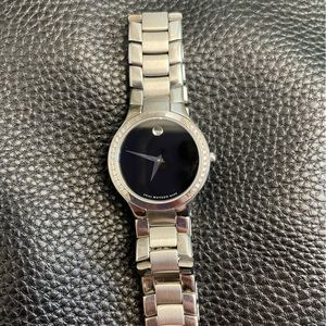 Movado Serio Steel Diamond Bezel Black Dial Quartz Ladies Watch